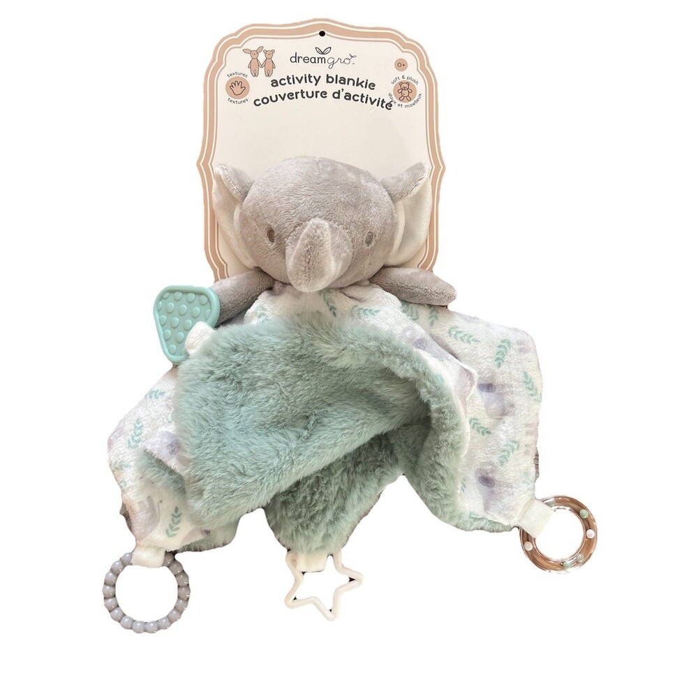 Dream Gro Activity Blankie Elephant Lovey Baby Blanket Soft Plush Green Rattle